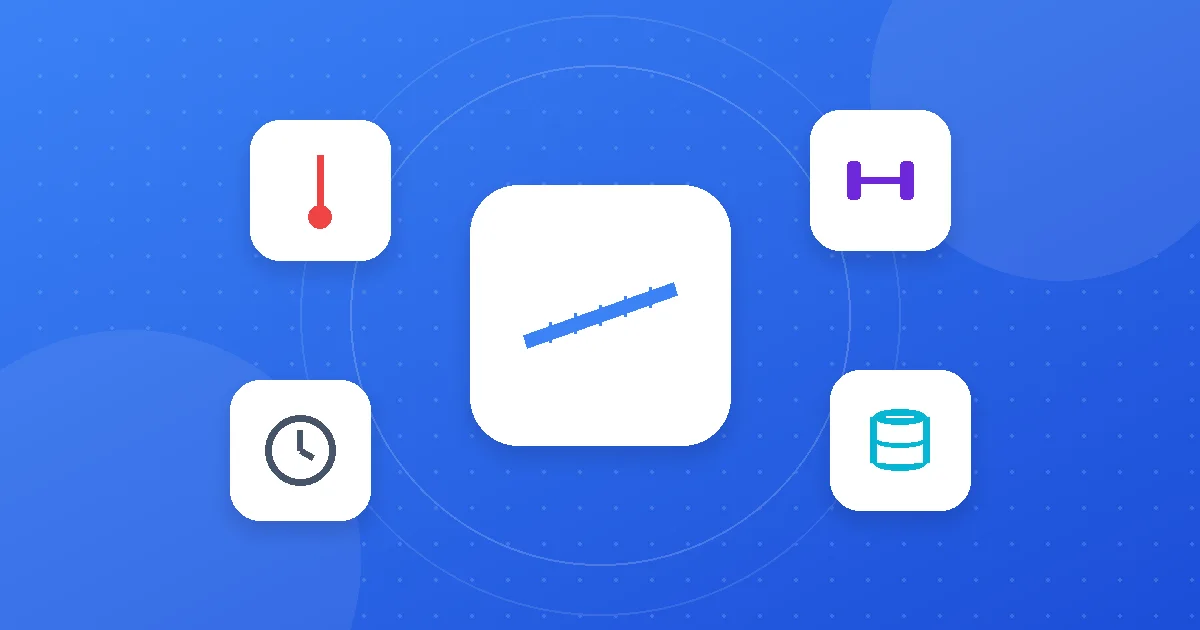 Illustration of a ruler and a two-way arrow surrounded by weight, thermometer, clock and data icons